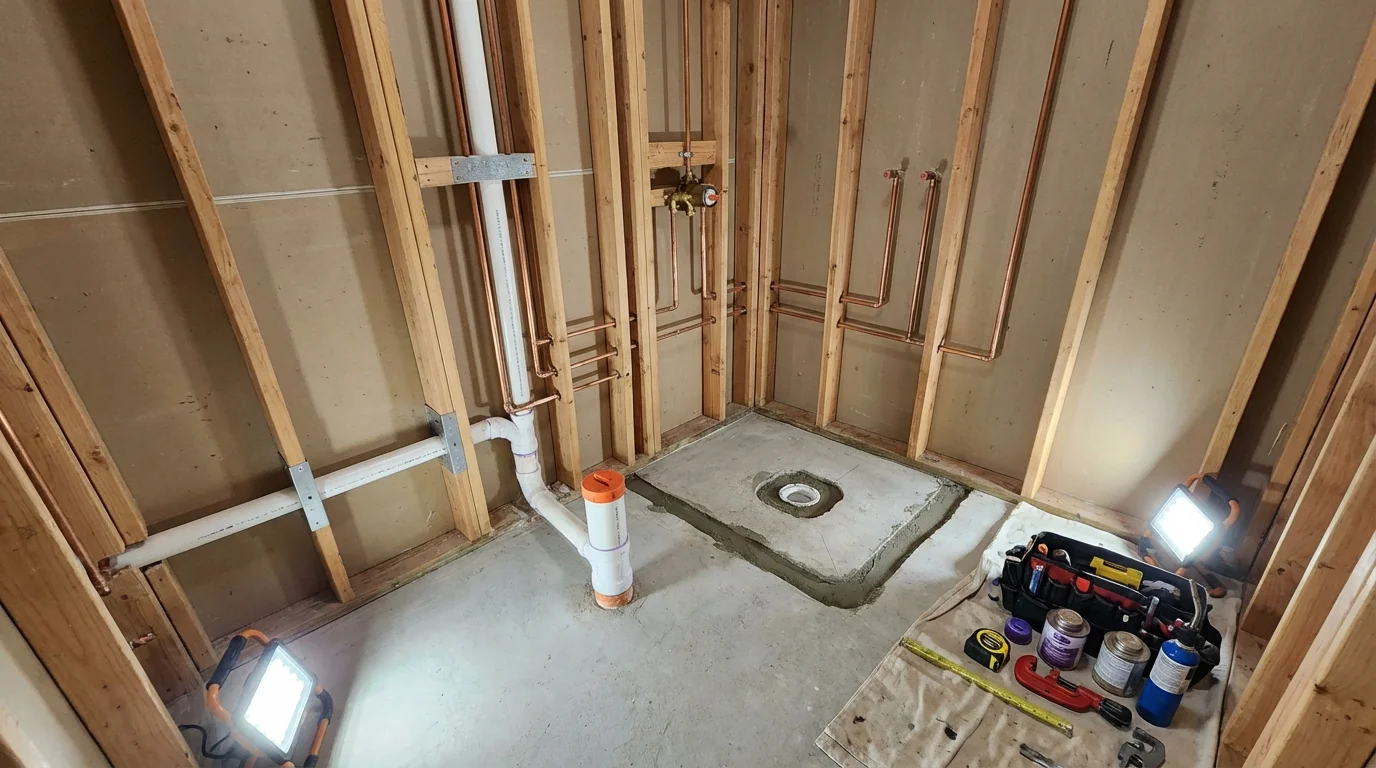 Bathroom rough-in plumbing during remodel by Johns Plumbing LLC in Oakmont