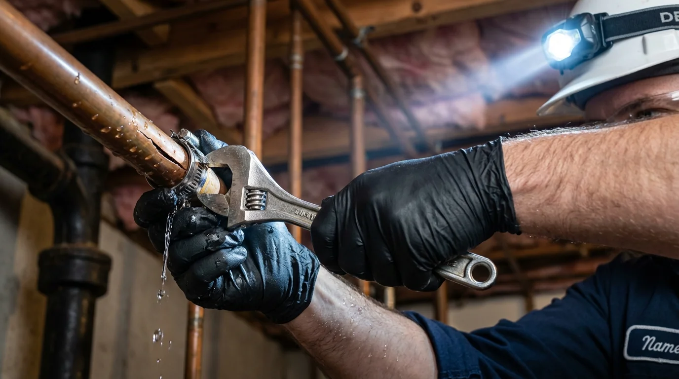 Emergency pipe clamp repair being performed by a Johns Plumbing LLC plumber in Oakmont