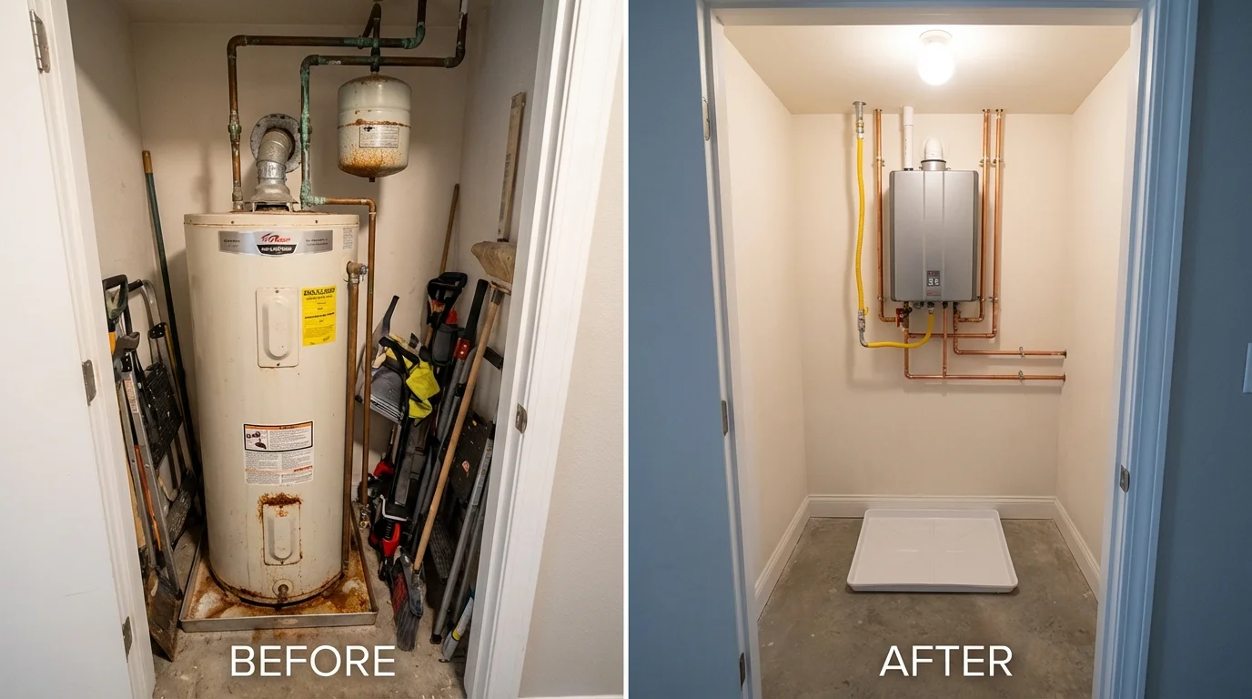 Tank water heater versus wall-mounted tankless unit comparison for Oakmont, PA homeowners