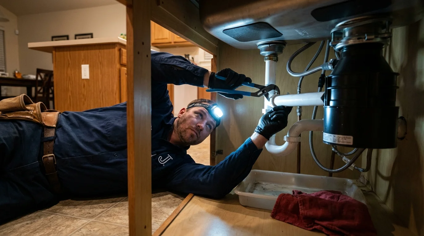 P-trap and supply line connections under a kitchen sink showing a common leak point in Oakmont, PA